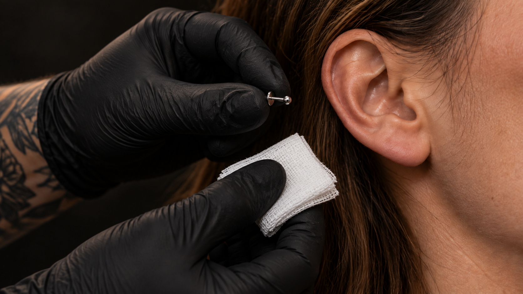 Preparação de piercing: mãos com luvas segurando joia e gaze, próximas à orelha