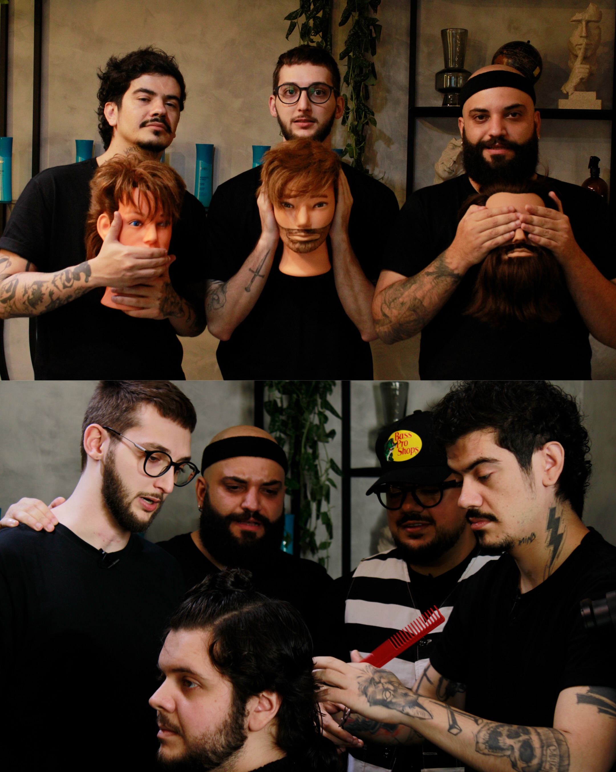 O trio do Balela com manequins e registros da aula na ADV Barbearia